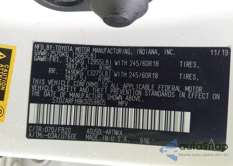 2019 Toyota Highlander Le из США, поврежденный, VIN 5TDZARFH8KS059805